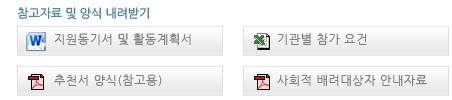 참고자료 및 양식 내려받기/ 1.치원동기서 및 활동계획서, 2.기관별 참가 요건, 3.추천서 양식(참고용), 4.사회적 배려대상자 안내자료