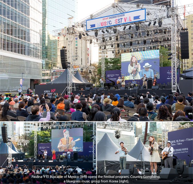 [photo] Paulina Y El Buscapie of Mexico (left) opens the Festival program; Country Gongbang, a bluegrass music group from Korea (right).