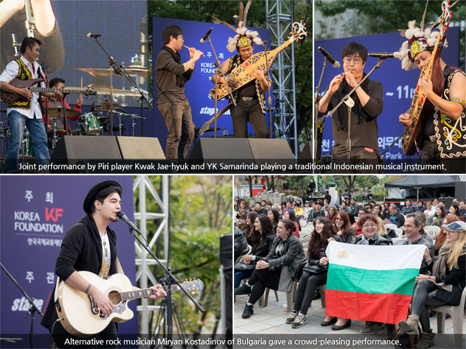 [photo] Joint performance by Piri player Kwak Jae-hyuk and YK Samarinda playing a traditional Indonesian musical instrument./[photo] Alternative rock musician Miryan Kostadinov of Bulgaria gave a crowd-pleasing performance.