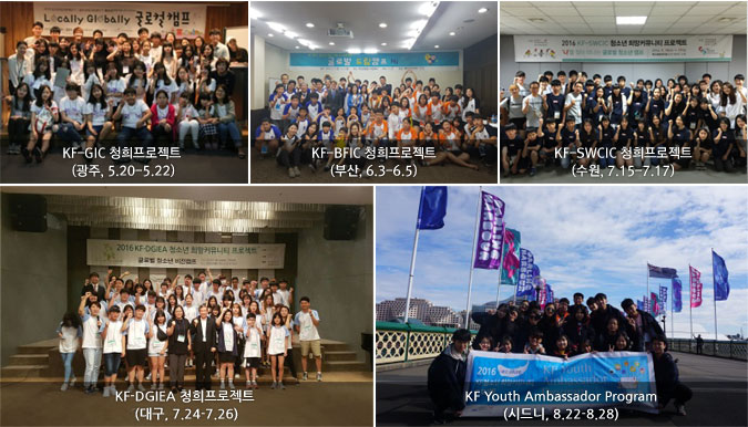 KF-GIC 청희프로젝트 
(광주, 5.20-5.22)/KF-BFIC 청희프로젝트(부산, 6.3-6.5)/KF-SWCIC 청희프로젝트(수원, 7.15-7.17)/KF-DGIEA 청희프로젝트 (대구, 7.24-7.26)/KF Youth Ambassador Program(시드니, 8.22-8.28)