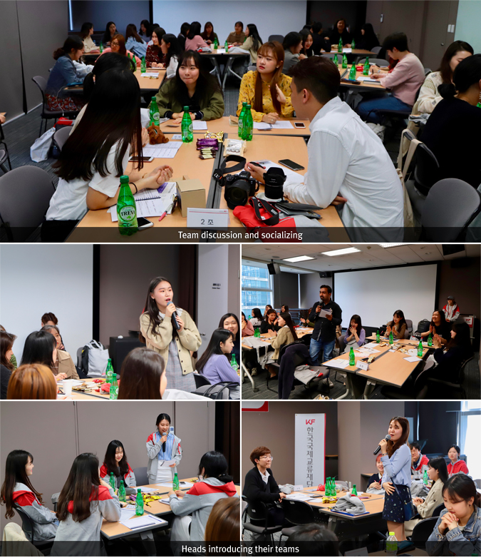[photo] Team discussion and socializing /[photo] Heads introducing their teams 