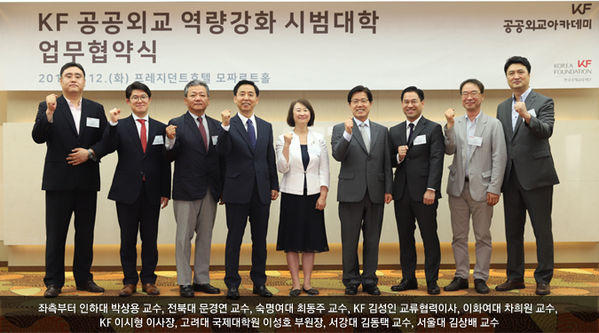 좌측부터 인하대 박상용 교수, 전북대 문경연 교수, 숙명여대 최동주 교수, KF 김성인 교류협력이사, 이화여대 차희원 교수, KF 이시형 이사장, 고려대 국제대학원 이성호 부원장, 서강대 김동택 교수, 서울대 김상배 교수