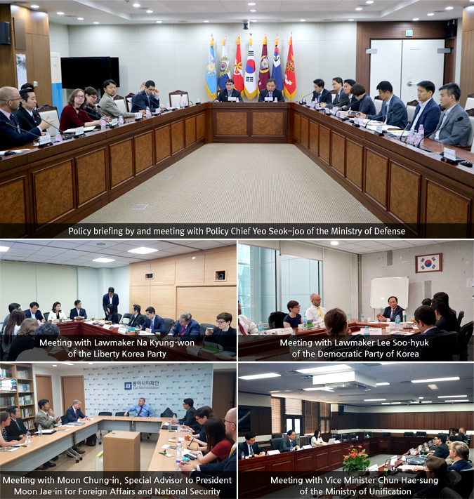 Photo 1. Policy briefing by and meeting with Policy Chief Yeo Seok-joo of the Ministry of Defense/ Photo 2. Meeting with Lawmaker Na Kyung-won of the Liberty Korea Party / Photo 3. Meeting with Lawmaker Lee Soo-hyuk of the Democratic Party of Korea/ Photo 4. Meeting with Moon Chung-in, Special Advisor to President Moon Jae-in for Foreign Affairs and National Security / Photo 5. Meeting with Vice Minister Chun Hae-sung of the Ministry of Unification