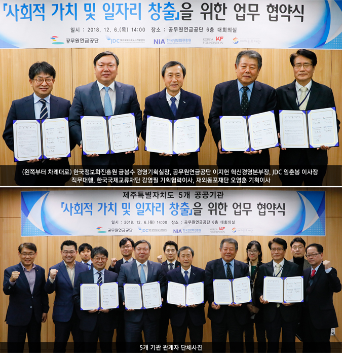 (왼쪽부터 차례대로) 한국정보화진흥원 금봉수 경영기획실장, 공무원연금공단 이지헌 혁신경영본부장, JDC 임춘봉 이사장 직무대행, 한국국제교류재단 강영필 기획협력이사, 재외동포재단 오영훈 기획이사/5개 기관 관계자 단체사진