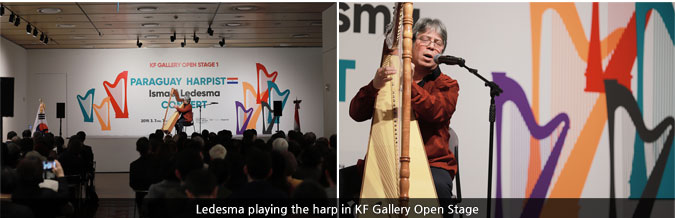Ledesma playing the harp in KF Gallery Open Stage