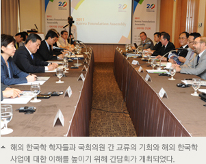 해외 한국학 학자들과 국회의원 간 교류의 기회와 해외 한국학 사업에 대한 이해를 높이기 위해 간담회가 개최되었다.