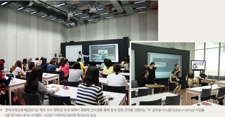 한국국제교류재단(KF)은 해외 유수 대학과 국내 대학이 제휴해 인터넷을 통해 한국 관련 강의를 진행하는 ‘KF 글로벌 이스쿨(Global e-school)’사업을 9월 학기부터 본격 시작했다. 사진은 이화여대 한국학 화상강의 모습.